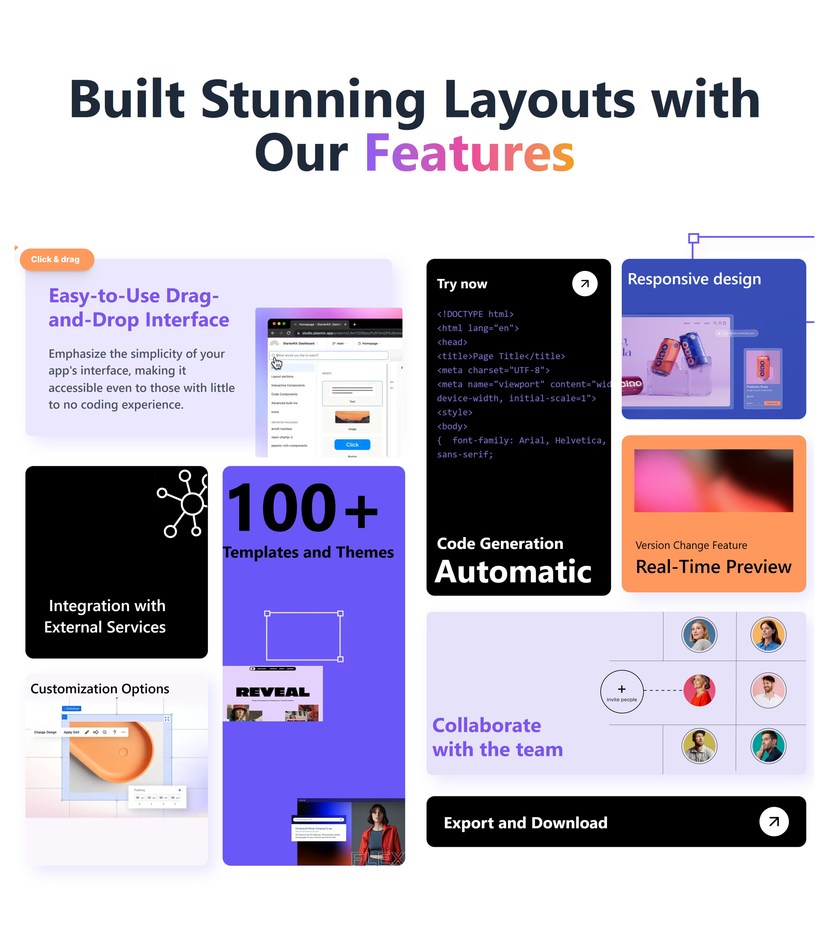 ThemeBuilder features — drag and drop, code generation, live preview